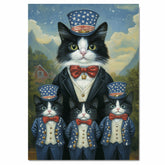 Mother Tuxedo Cat and Three Kittens in Patriotic Uncle Sam Outfits with Stars and Bow Ties in Farm Country Setting on Ready to Hang 1.5" Thick Canvas Wrap, Floating Framed Canvas, Flat Rolled Canvas